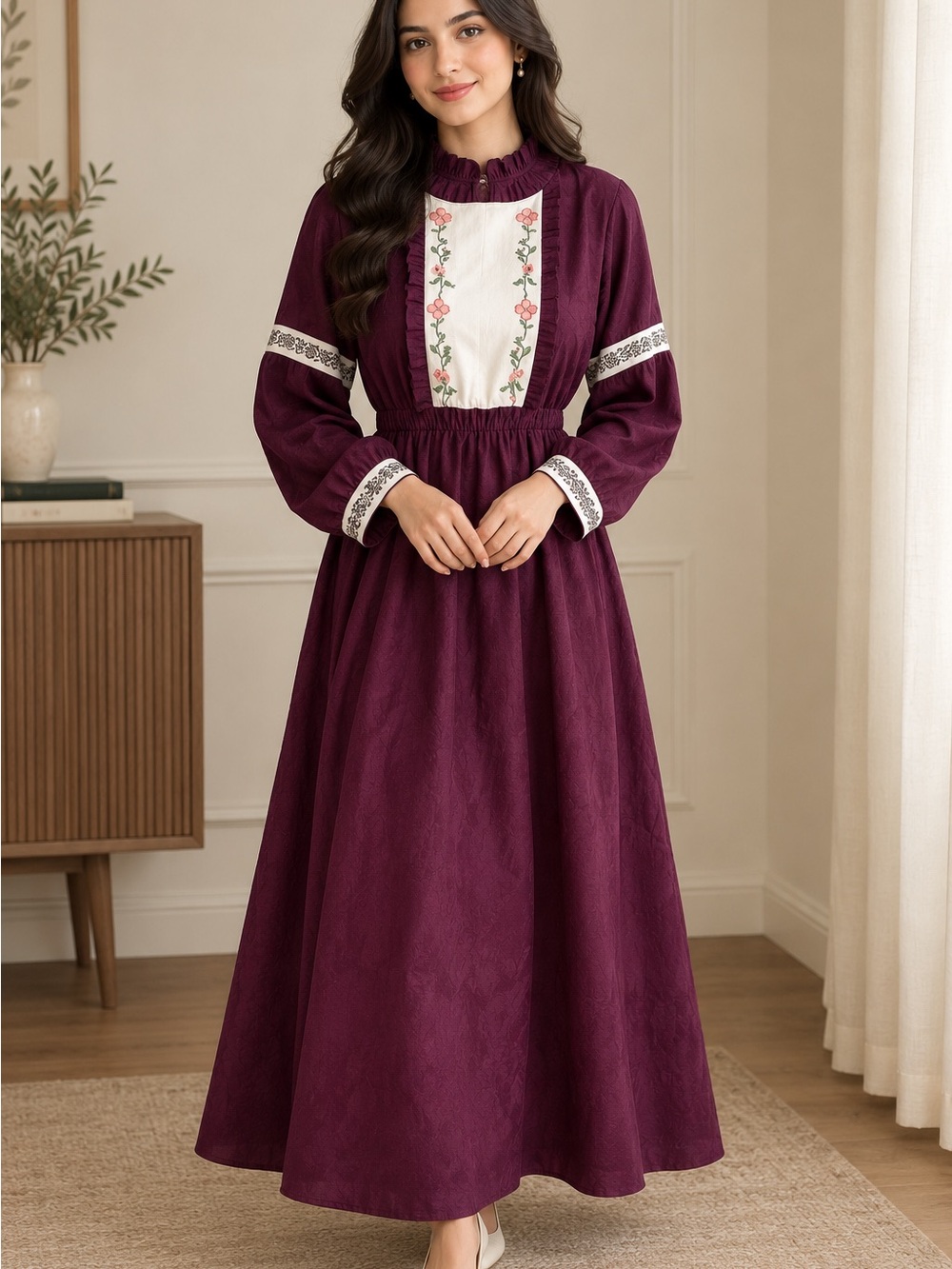 Classic Embroidered Long Sleeve Maxi Dress - Plum